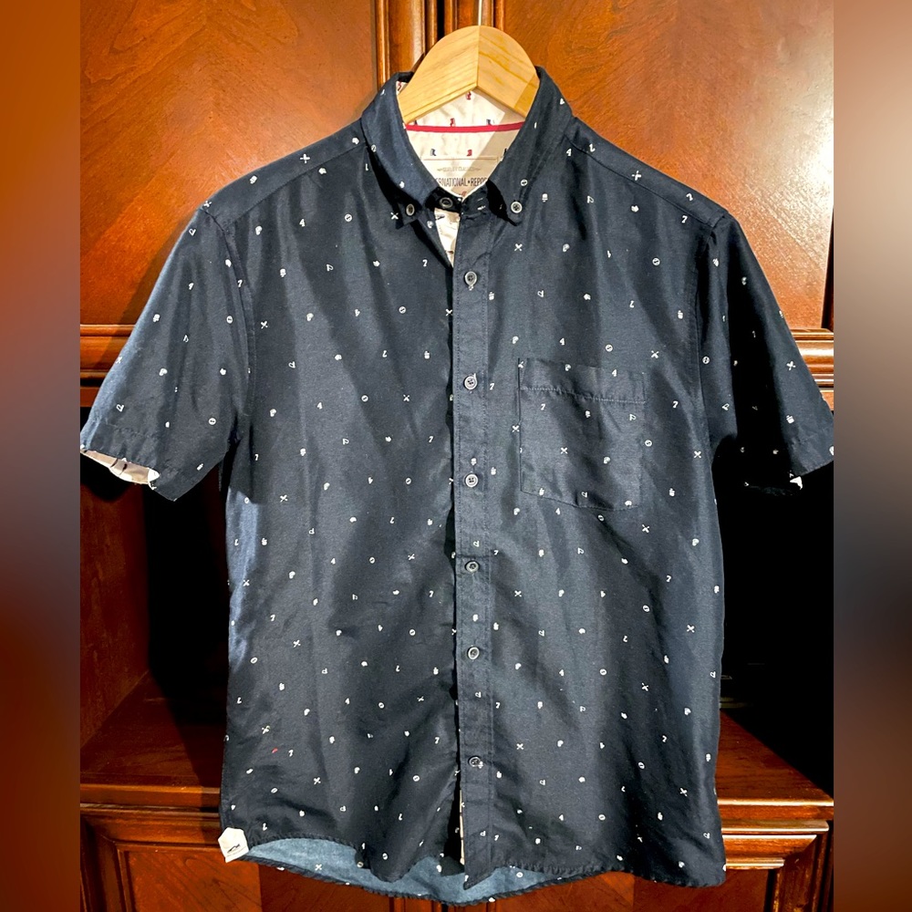 International Report button up polo (Small) Navy Blue with design!!!